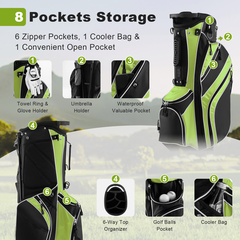 Golf stand cart bag in green with 6-way divider, 7 pockets, and adjustable straps for easy carrying on the course.