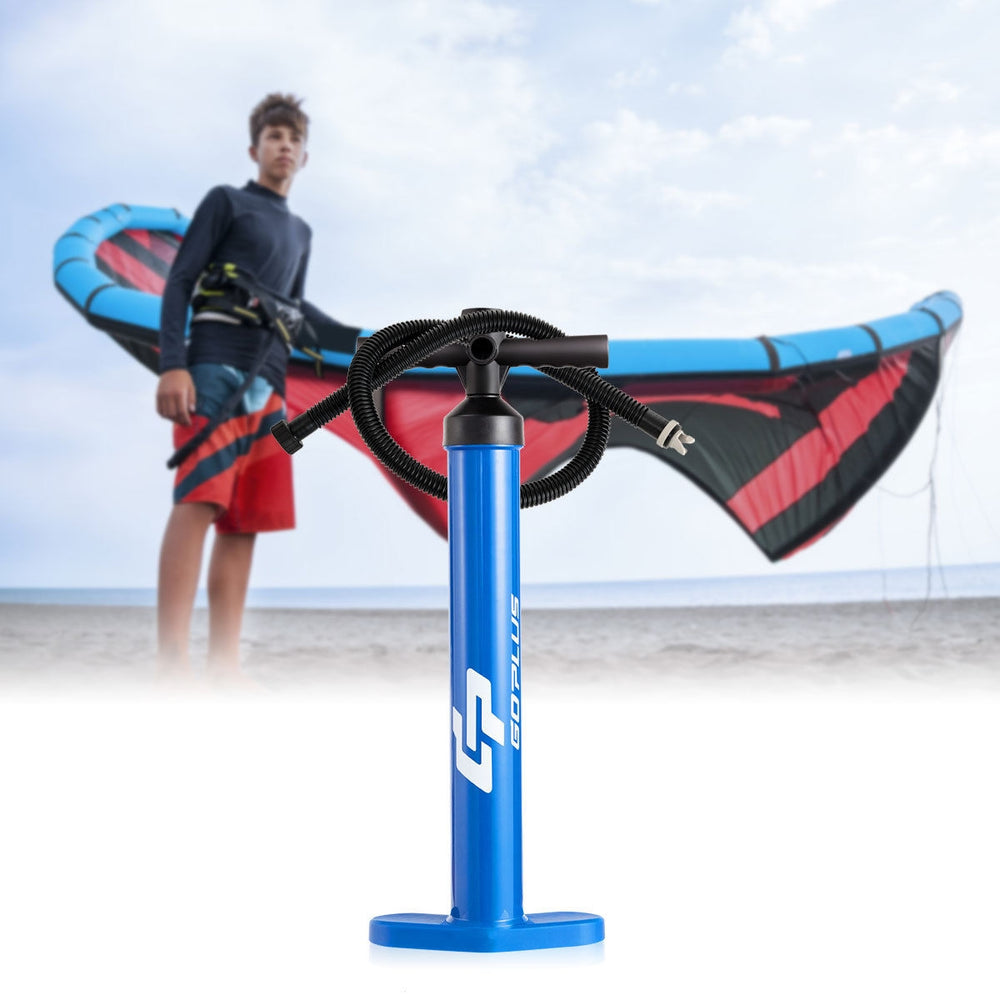 Double action manual inflation SUP hand pump with gauge, aluminum body, inflates up to 29 psi, ideal for paddle boards.