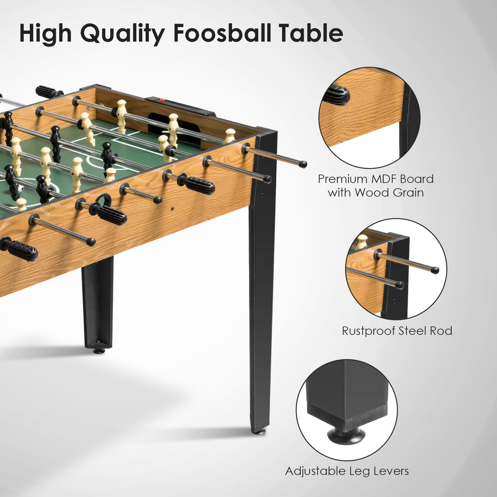 48-inch wooden foosball table featuring a premium MDF board, rustproof steel rods, and adjustable leg levers for.