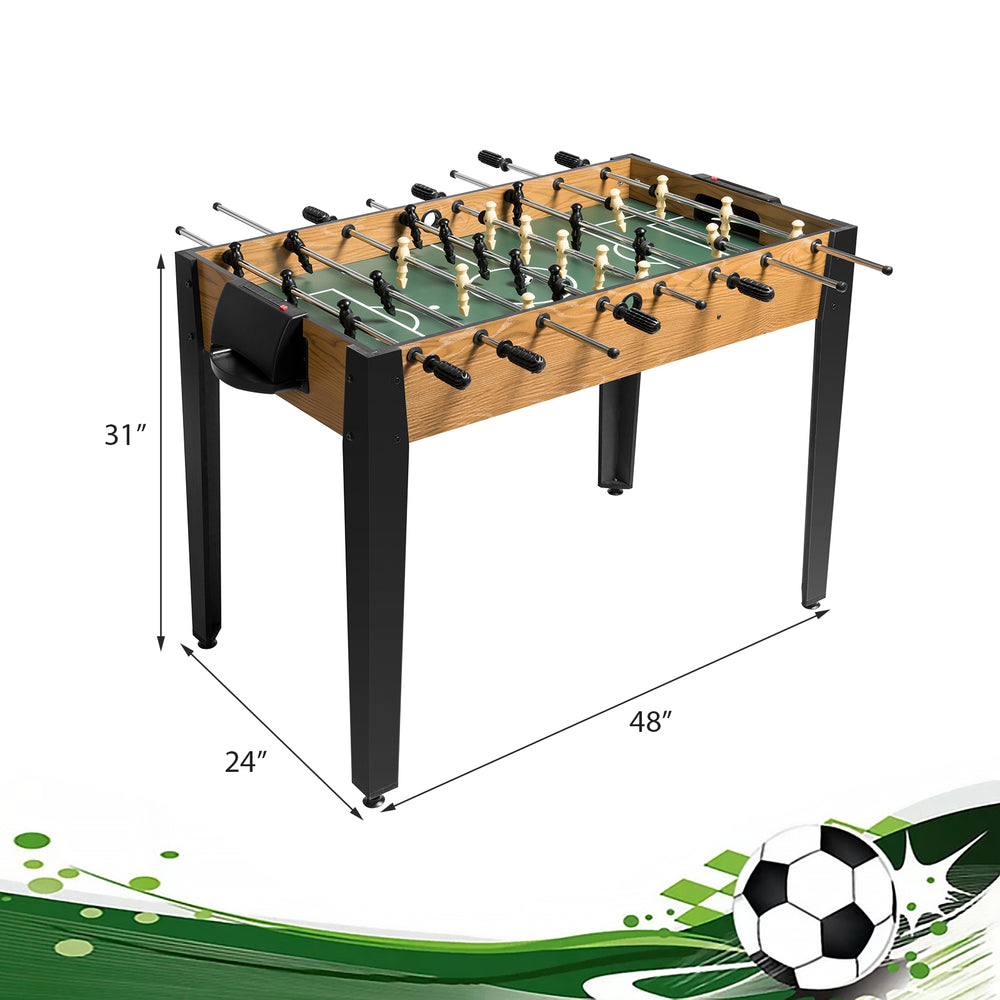 Side view of the 48-inch wooden foosball table showcasing its durable construction and spacious playing area for.