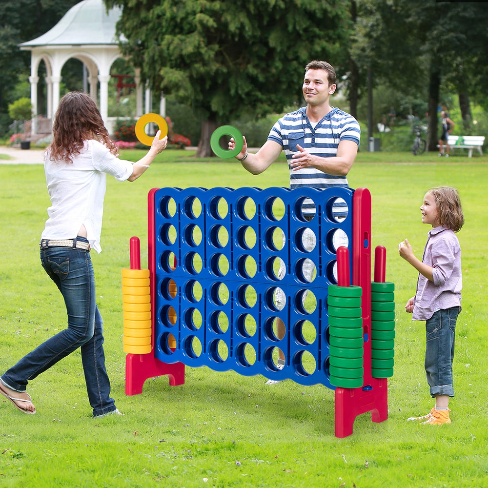 Jumbo 4-to-Score game set with colorful rings, perfect for outdoor fun and improving children's motor skills.