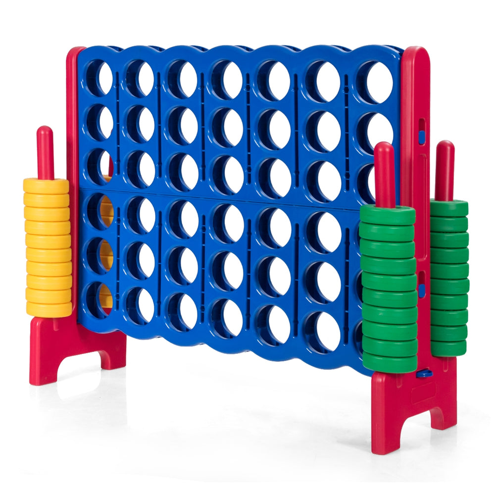 Jumbo 4-to-Score Giant Game Set in red with 42 colorful rings, ideal for outdoor parties and improving motor skills.