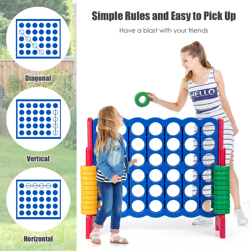 Jumbo 4-to-Score giant game set with 42 rings, perfect for outdoor parties and improving motor skills.