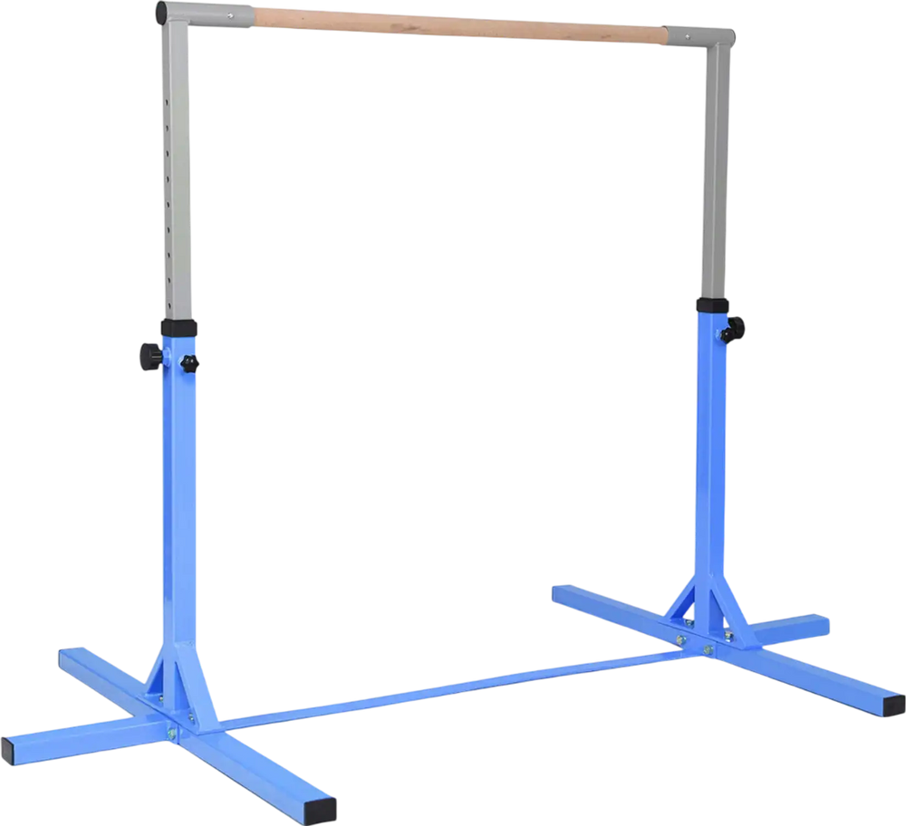Close-up of the wood grip on a blue adjustable gymnastics horizontal bar, designed for kids' home training and.