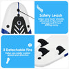 Close-up of the 6 feet surfboard showing the safety leash and three detachable fins for easy control and transport.