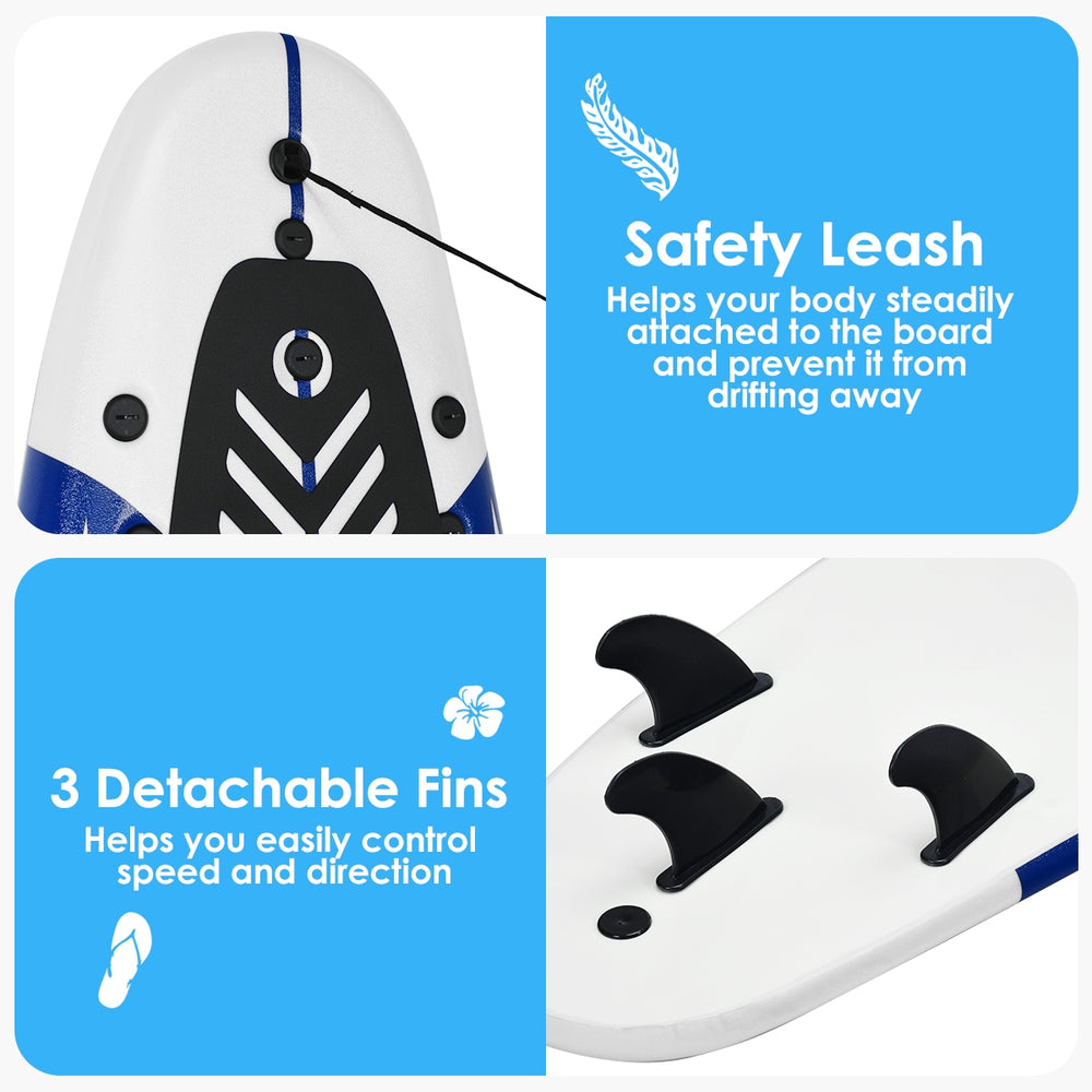 Close-up of the 6 feet surfboard showing the safety leash and three detachable fins for easy control and transport.