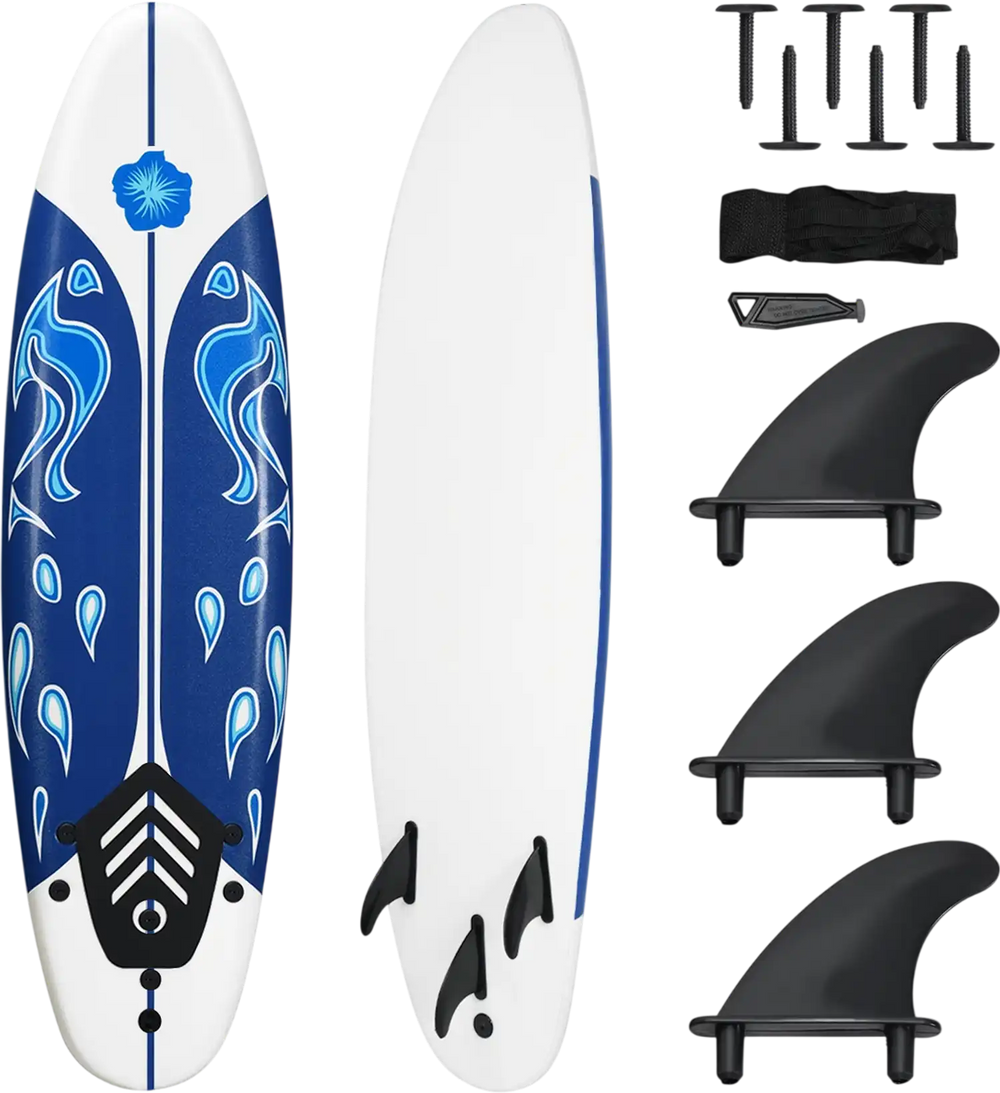 6-foot surfboard with blue design, durable foam top, detachable fins, ideal for beginner adults and children.