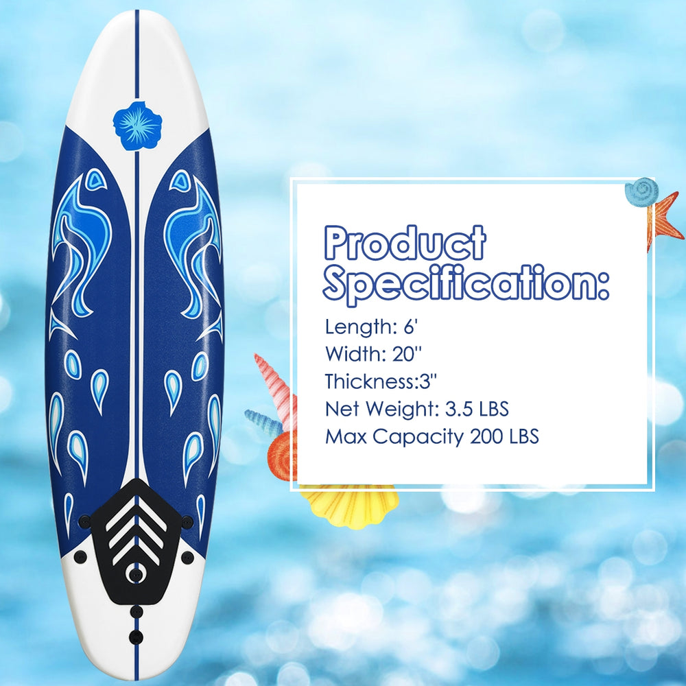 6-foot surfboard with a durable foam top, detachable fins, and a slick bottom, ideal for beginner adults and children.