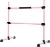 Portable pink ballet barre with adjustable height, anti-slip footpads, and sturdy iron frame for safe dancing and.