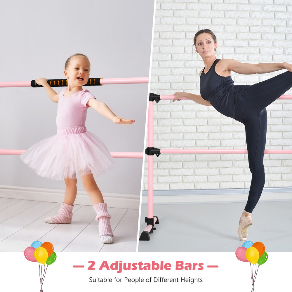 Adjustable pink ballet barre with two height settings, anti-slip footpads, ideal for home or dance studio use.