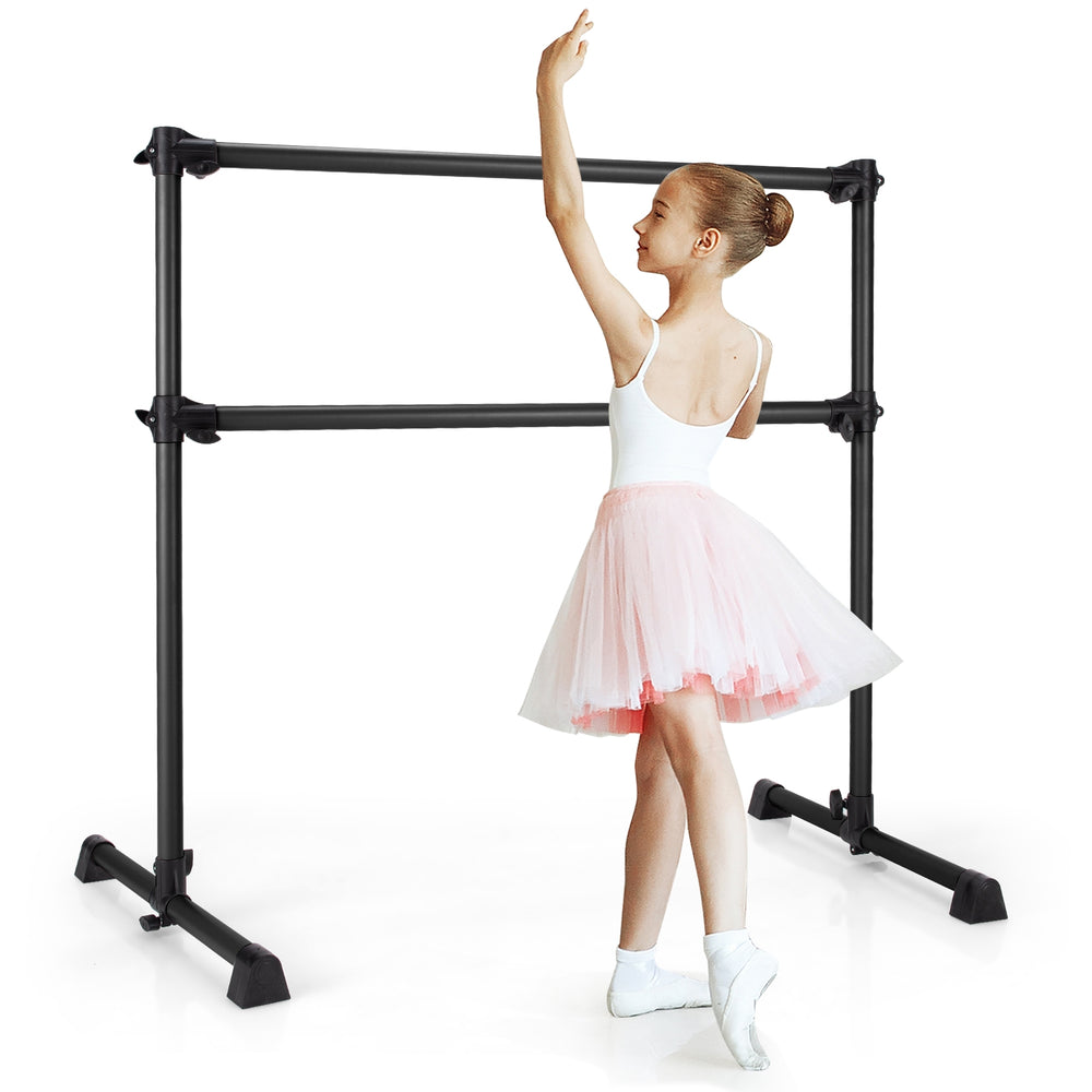 Adjustable 4 feet double ballet barre in black, suitable for various exercises, with anti-skid pads for safety.