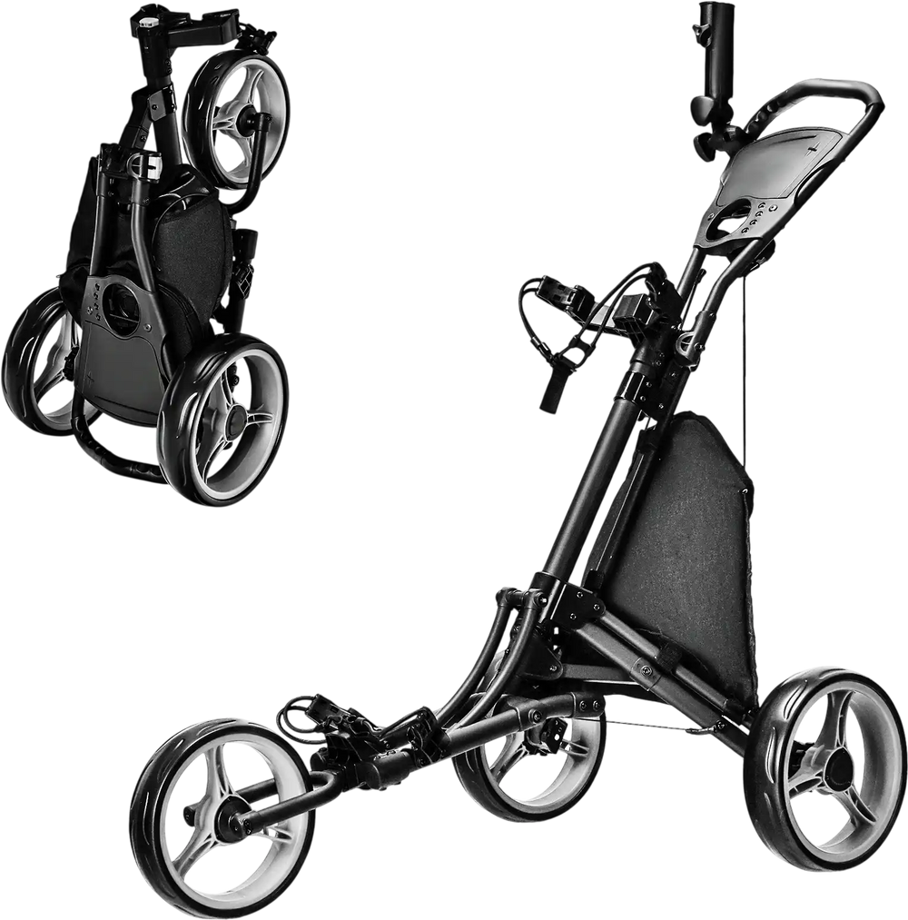 Folding 3 wheels golf push cart in gray with adjustable handle, lightweight aluminum, and removable wheels for easy.