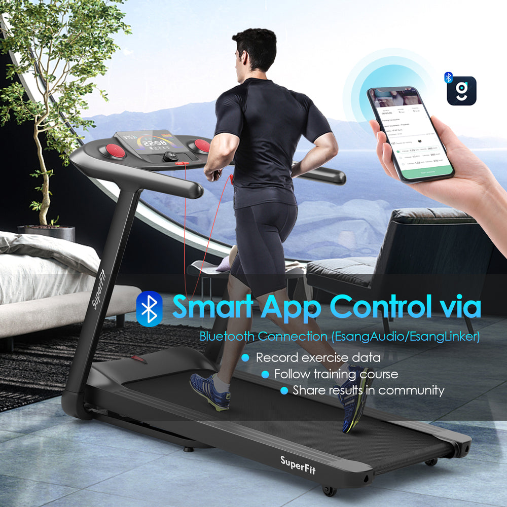 Folding treadmill with 4.75 HP motor, touch screen control, and 20 preset programs for a comfortable running experience.