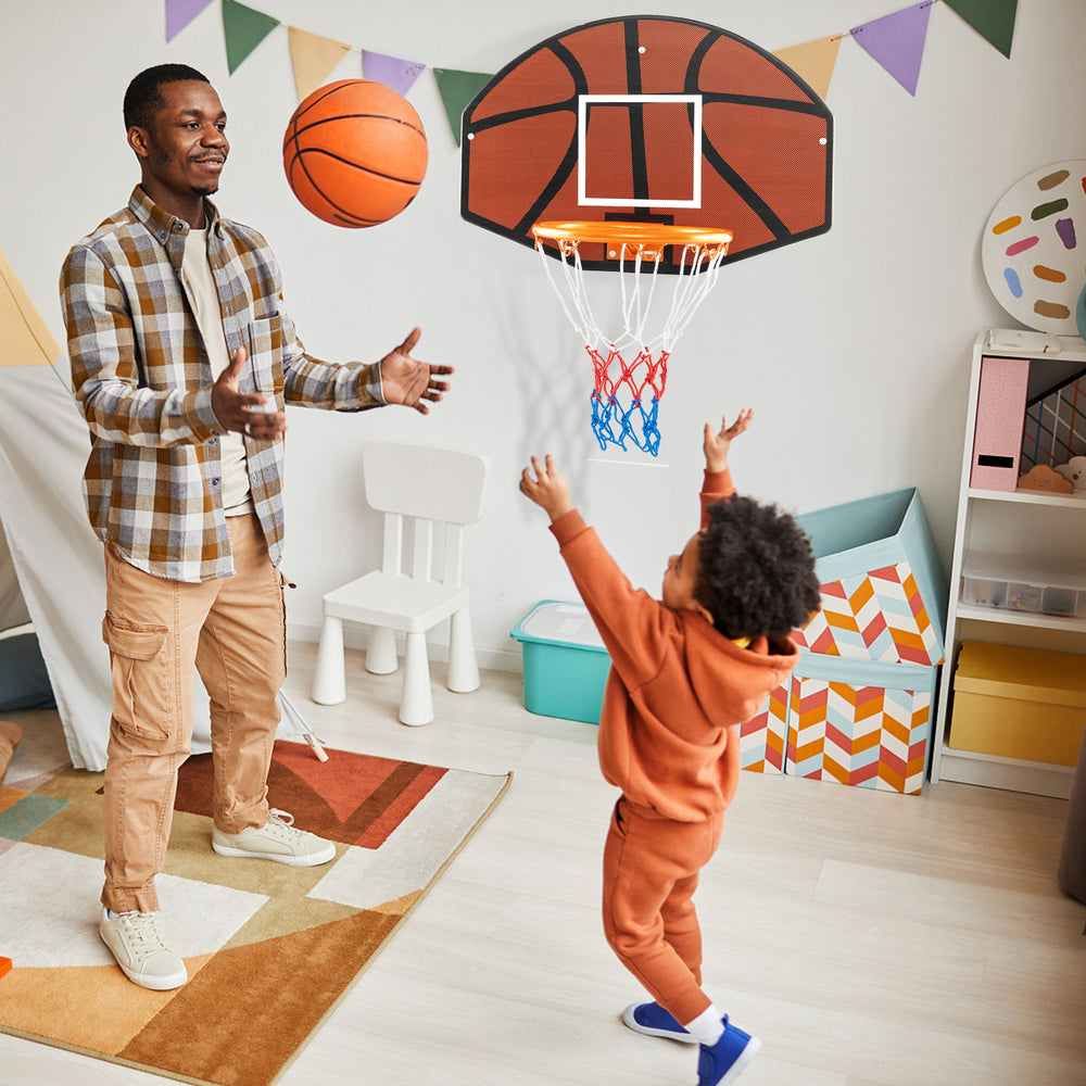 Indoor basketball game featuring a large shatter-proof backboard, perfect for family fun and skill improvement.