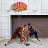 Two players engaging in a basketball game with a large shatter-proof backboard for indoor and outdoor fun.