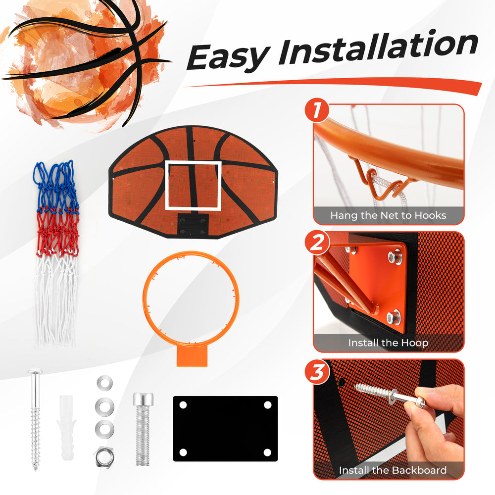 Indoor outdoor basketball game installation guide featuring a shatter-proof backboard and sturdy metal rim.