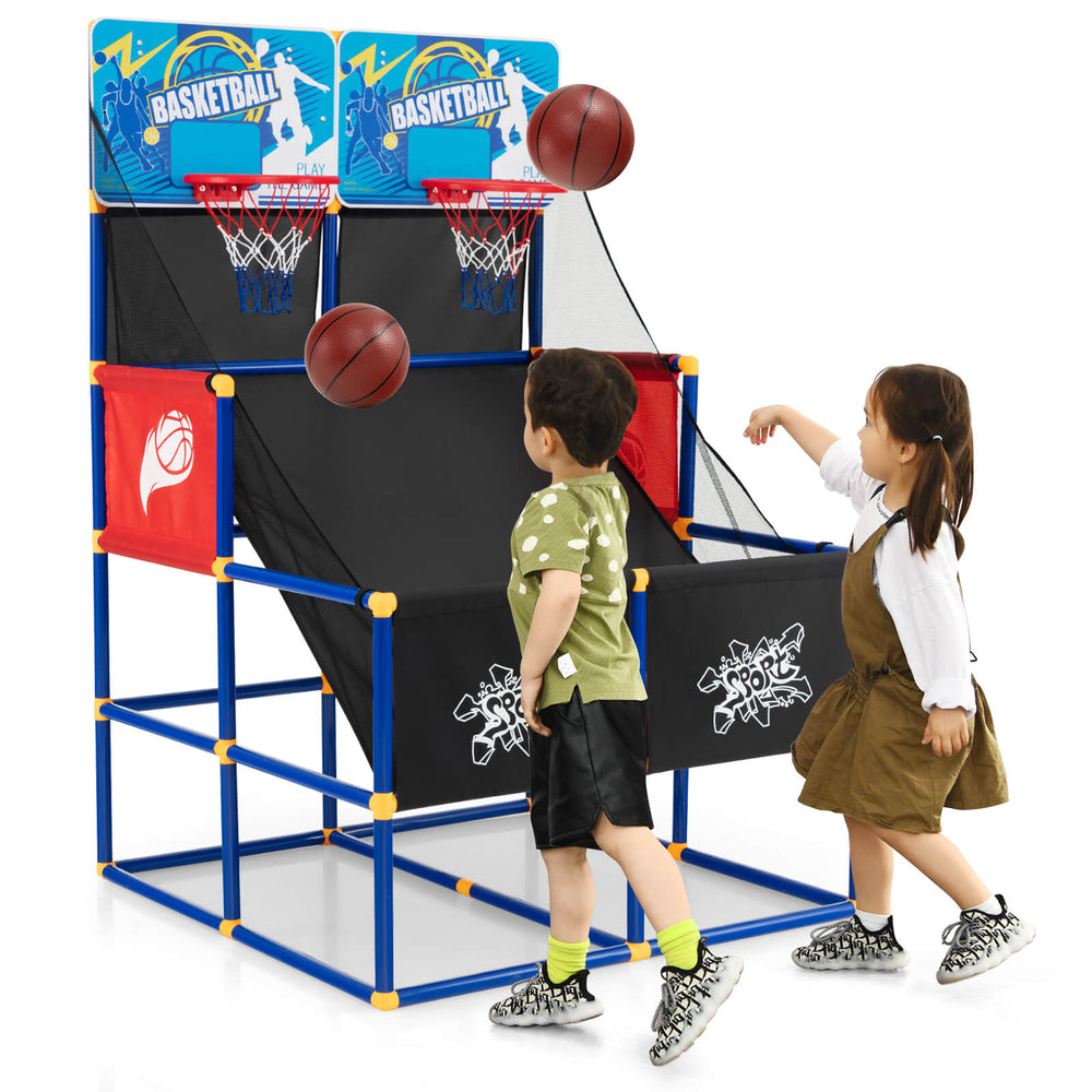 Kids arcade basketball game set featuring two hoops, four basketballs, and a sturdy PVC frame for indoor and outdoor.