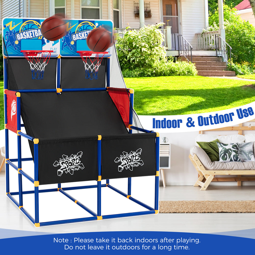Kids arcade basketball game set featuring dual hoops, sturdy PVC construction, and 4 basketballs for indoor and outdoor.