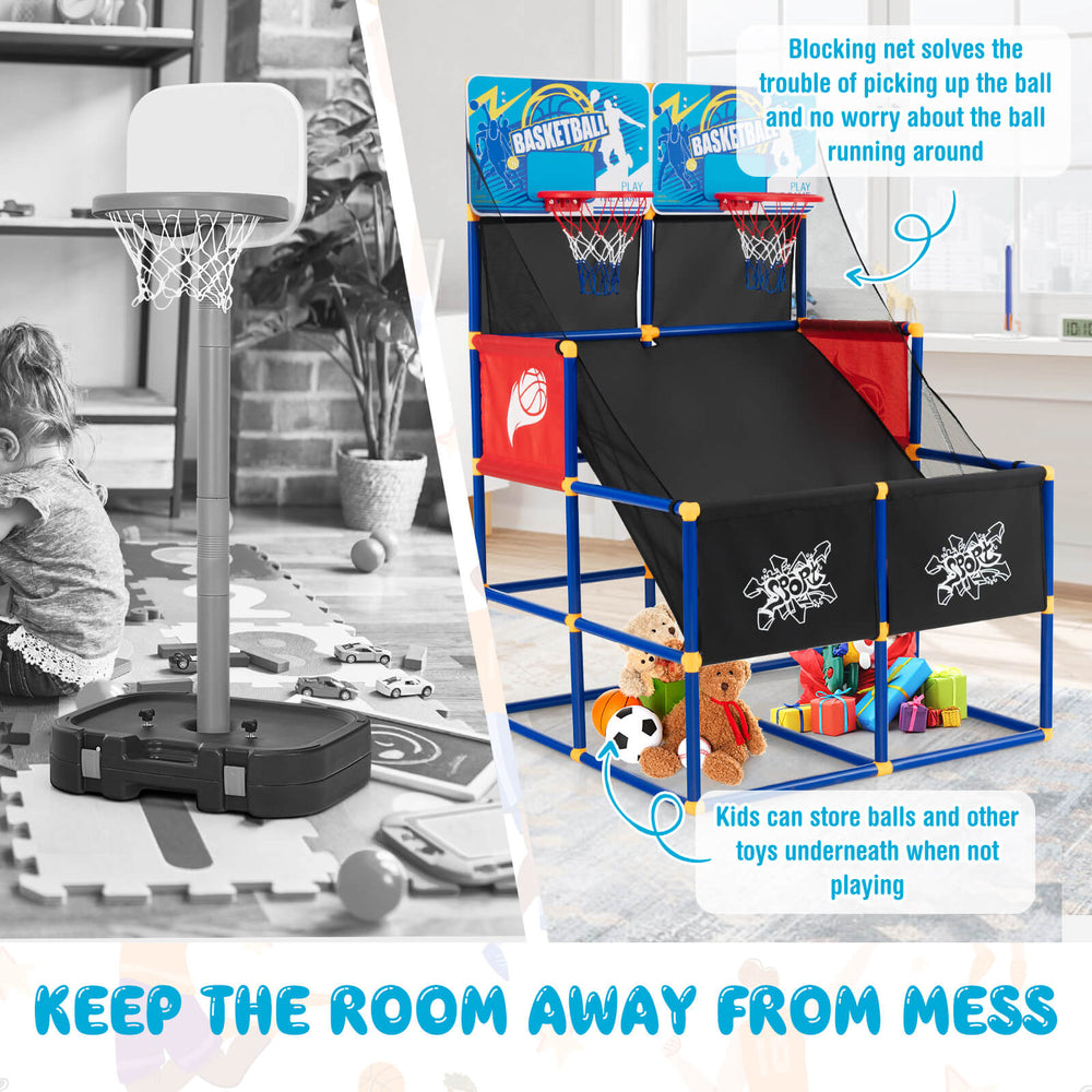 Kids arcade basketball game set featuring sturdy PVC construction, dual shooting system, and storage for toys.