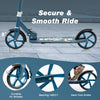 Folding aluminum alloy scooter in blue with 8" PU tires, adjustable height, and rear foot brake for safe rides.