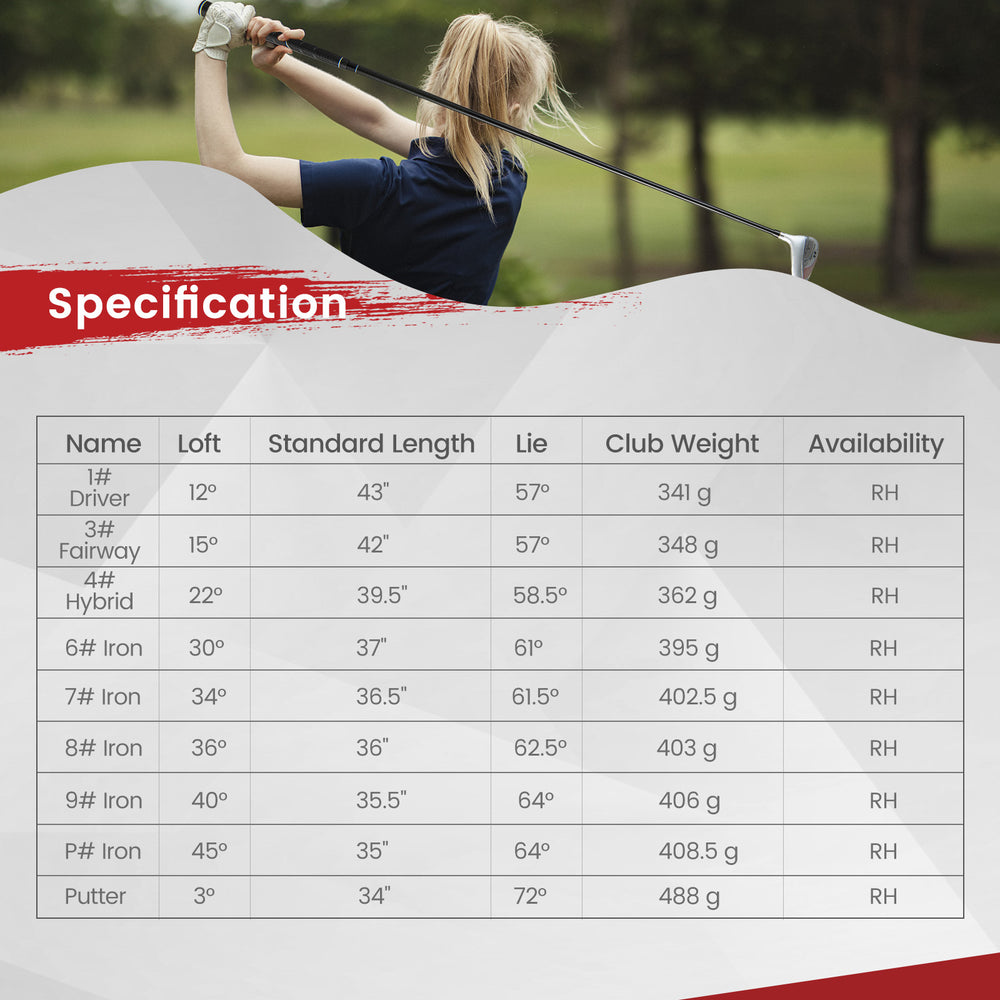 Women's 9-piece complete golf club set with lightweight carbon shafts and stylish design for beginners' comfort and.