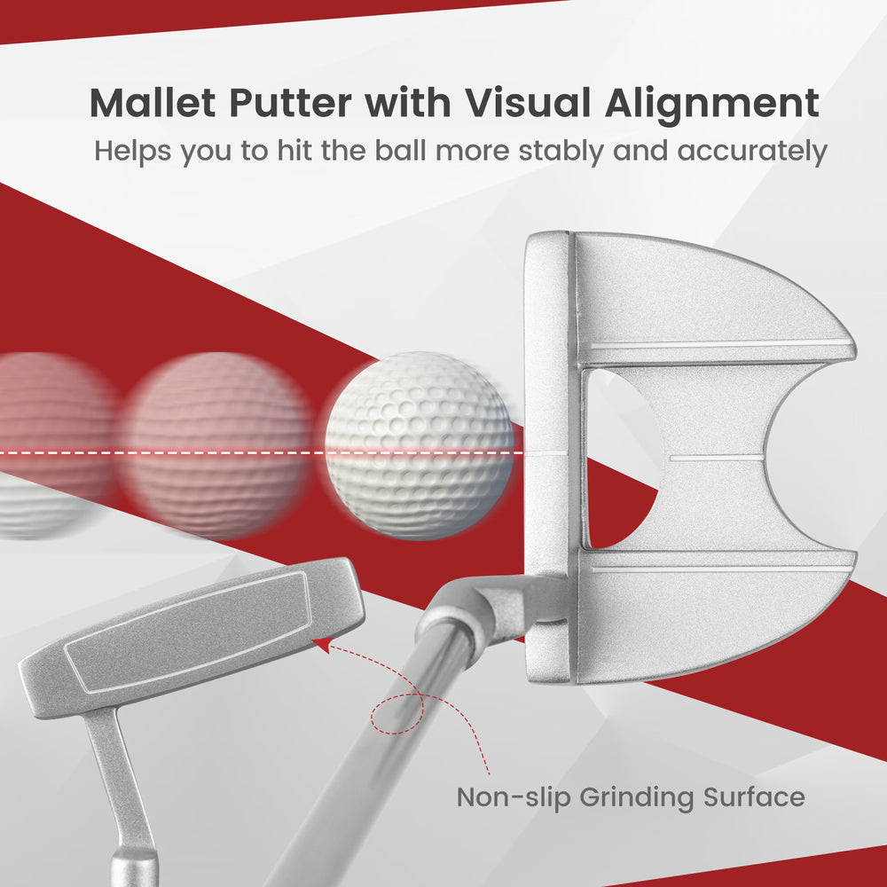 Women's 9-piece golf club set in red with visual alignment putter, designed for beginners and enhanced accuracy.