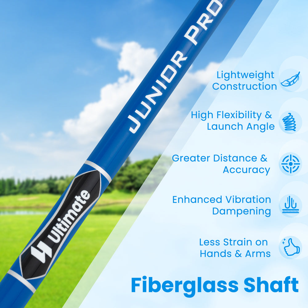 Junior #7 iron for kids with a lightweight fiberglass shaft, designed for ages 8-14, includes a protective headcover.