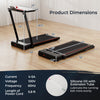 Dimensions of the 3-in-1 folding treadmill with large desk, showcasing its compact design for easy storage and.