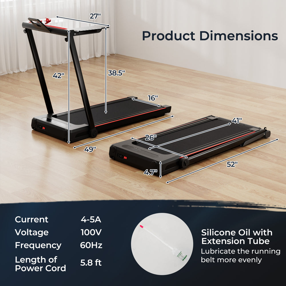 Dimensions of the 3-in-1 folding treadmill with large desk, showcasing its compact design for easy storage and.