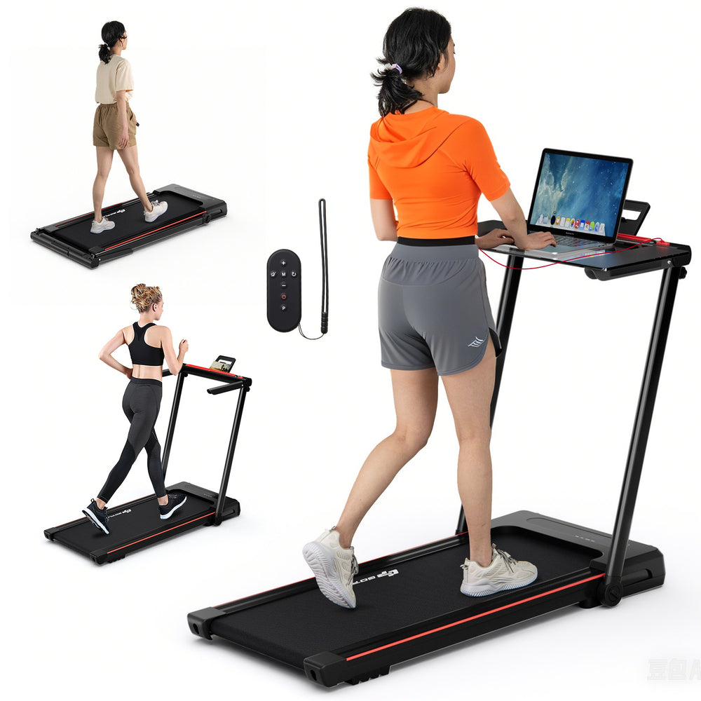 3-in-1 folding treadmill with large desk, LCD display, and spacious running belt for versatile workouts at home.