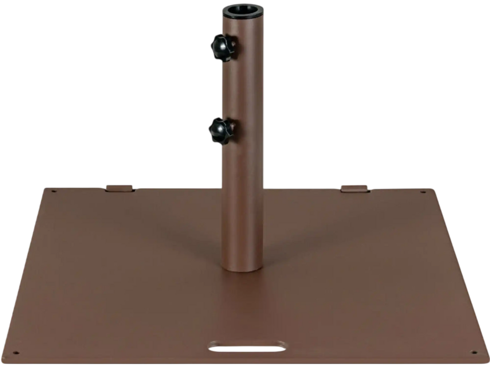 24-inch square patio umbrella base made of heavy-duty steel with wheels and adjustable knobs for stability and easy.
