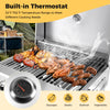 Stainless steel propane grill with built-in thermometer, showcasing grilled sausages and steaks for outdoor cooking.