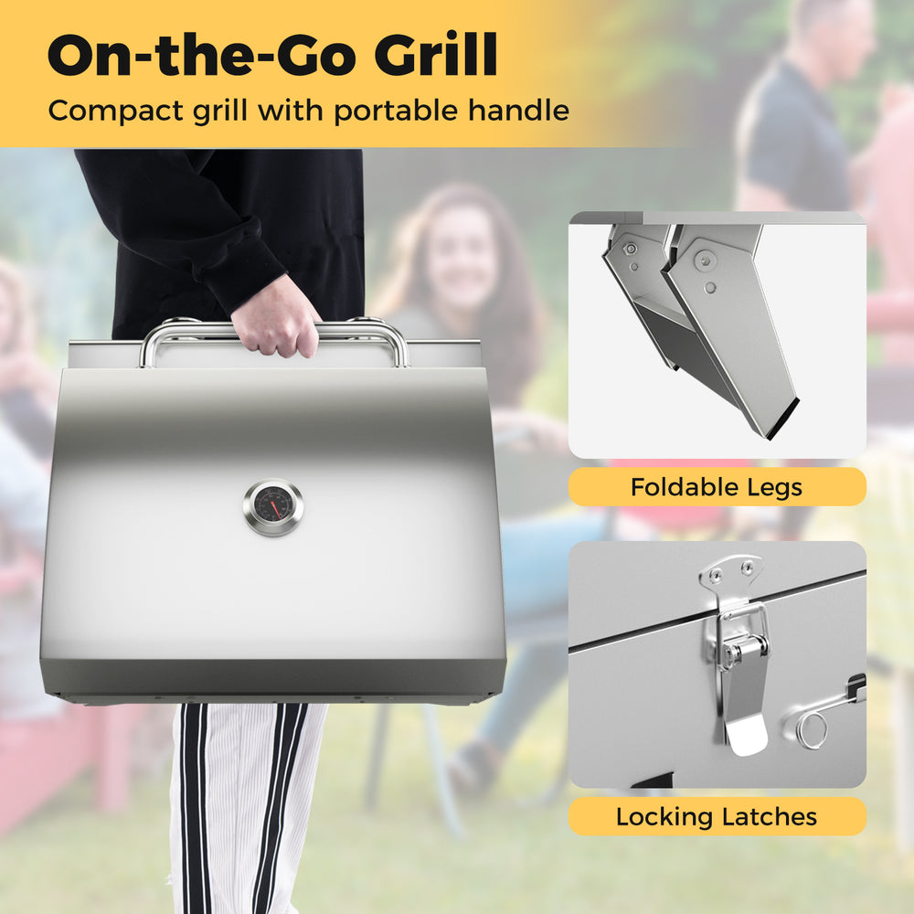 Compact stainless steel propane grill with foldable legs and locking latches, ideal for outdoor camping and picnics.