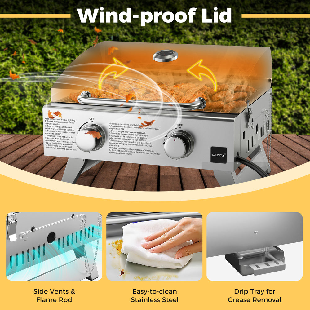 Stainless steel propane grill with wind-proof lid, two burners, and easy-clean grease tray for outdoor cooking.