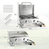 Stainless steel propane grill with lid, featuring two burners and foldable legs, ideal for camping and outdoor parties.