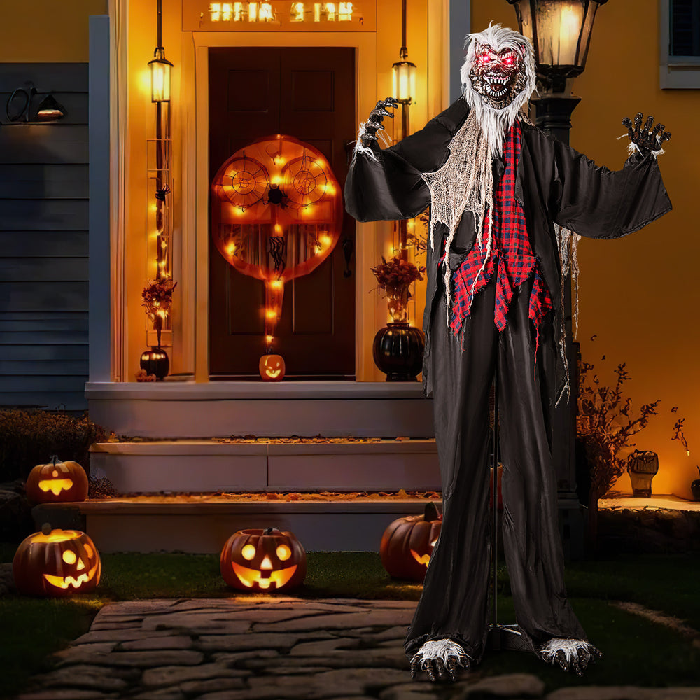 Standing 8.2 FT animatronic werewolf with red flashing eyes, poseable arms, and howling sounds for spooky Halloween.