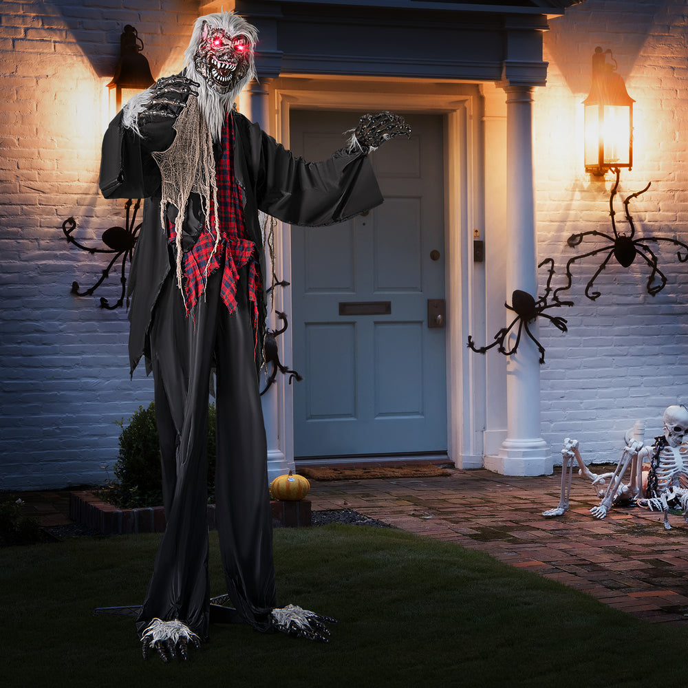 Standing 8.2 FT animatronic werewolf with red flashing eyes, poseable arms, and howling sounds for Halloween yard.