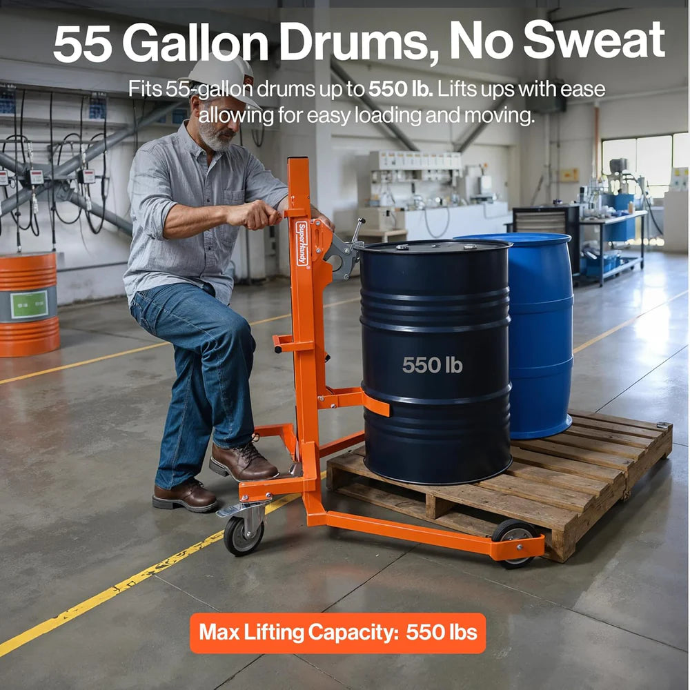 Super Handy GUO138 Hydraulic Drum Lifter for 55 Gal. Drums 550 Lbs Capacity New