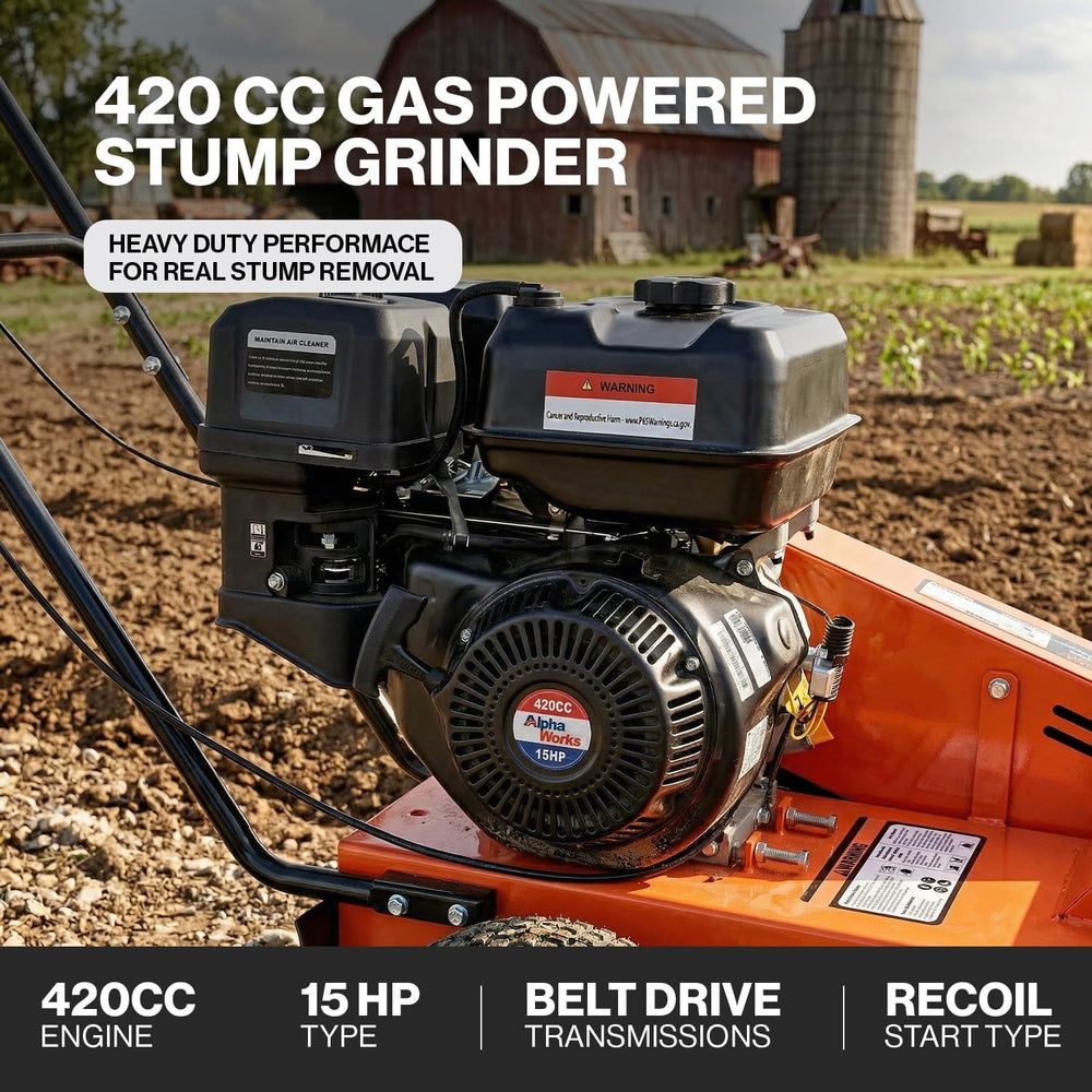 SuperHandy Superhandy 15HP Gas Powered Stump Grinder, 420cc 4-Stroke Engine, 8 Tungsten Carbide Teeth, Towable Design with 13" Pneumatic Tires for Heavy-Duty Wood Stump Removal