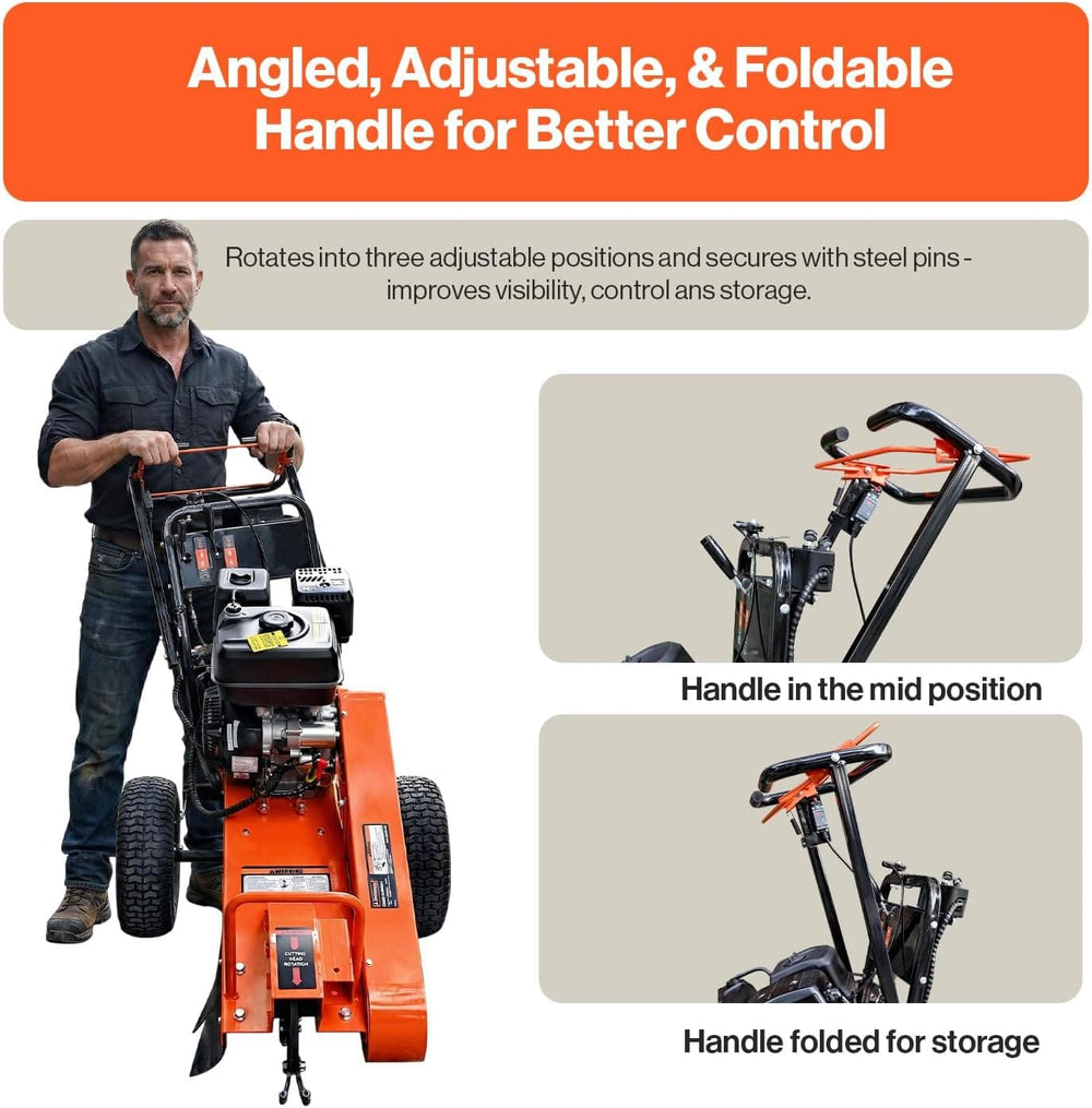 SuperHandy Superhandy 15HP Gas-Powered Stump Grinder with Electric Start, 420cc Engine, Sweep Function, Adjustable Angled & Foldable Handle, 8 Tungsten Carbide Teeth