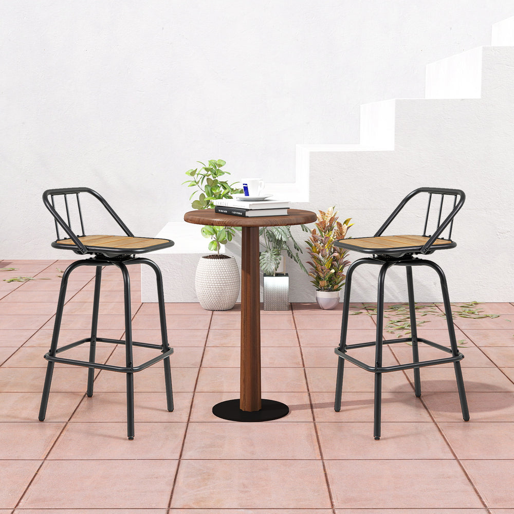 360° swivel bar stool set of 2 in black and natural with footrest, perfect for dining rooms or kitchens.