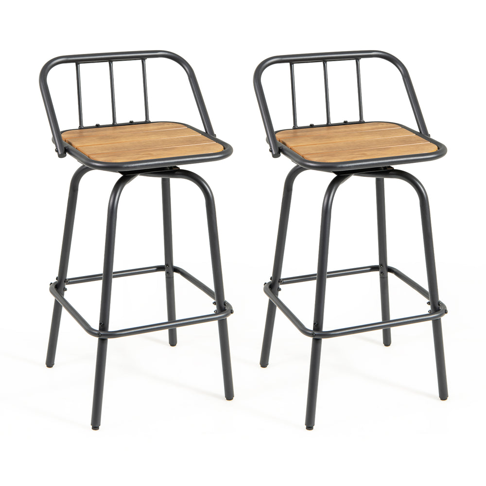 Set of 2 black 360° swivel bar stools with natural wood seats, featuring a curved backrest and footrest for comfort.