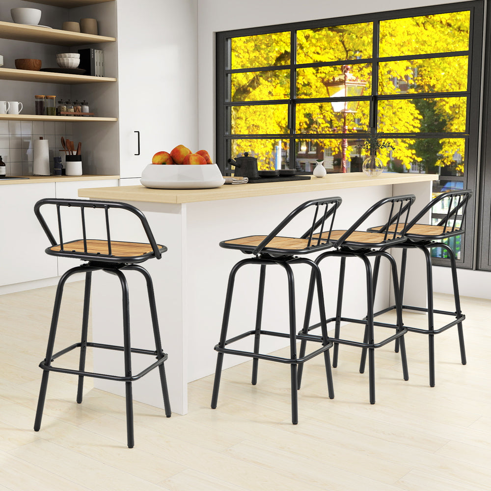 Set of 2 black and natural 360° swivel bar stools with backrest and footrest, ideal for kitchen or dining areas.