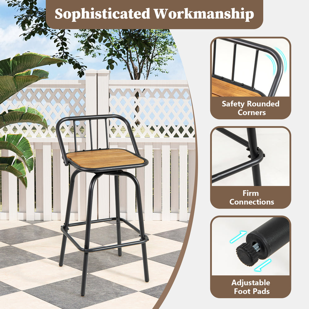 360° swivel bar stool with a black metal frame and natural wood seat, ideal for dining rooms and kitchens.