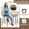 360° swivel bar stool set of 2 with black metal frame and natural wood seat, ideal for kitchen or dining use.