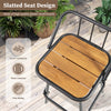 Slatted seat design of a 360° swivel bar stool, featuring a black metal frame and natural plastic wood surface for.