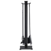 Five-piece fireplace tool set in black steel, featuring a base, tong, poker, shovel, and brush for fire tending.