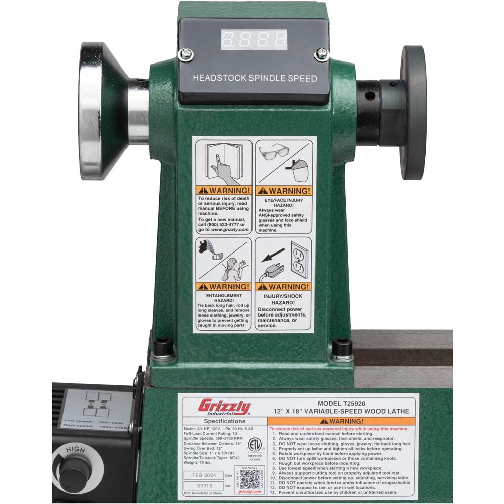 Grizzly T25920 - 12" x 18" Variable-Speed Benchtop Wood Lathe