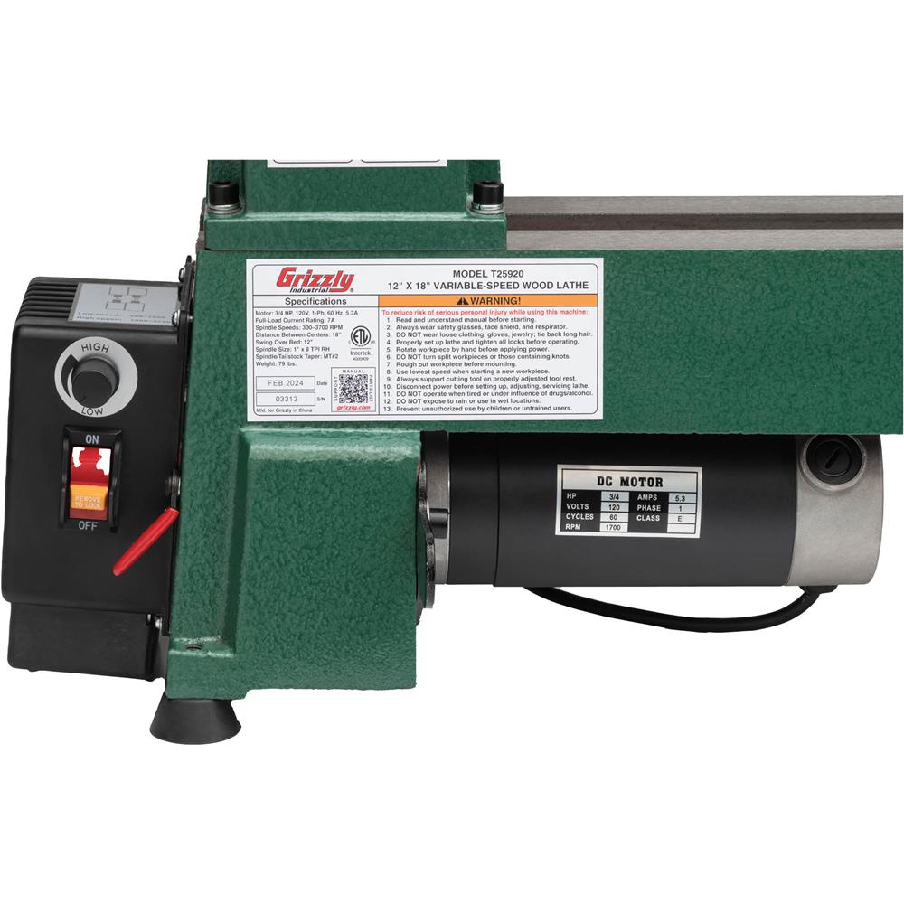 Grizzly T25920 - 12" x 18" Variable-Speed Benchtop Wood Lathe