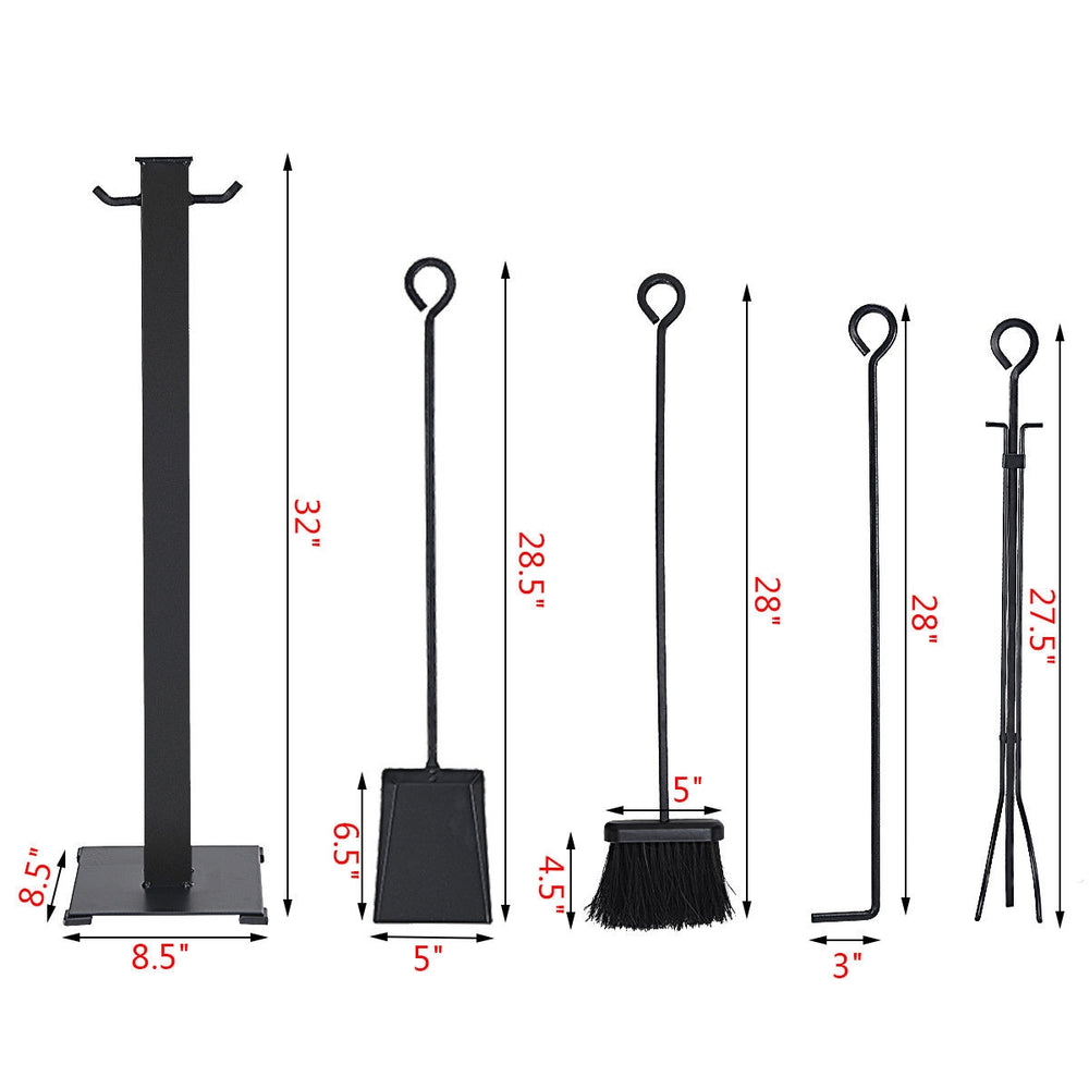 5-piece fireplace tool set with black finish includes base, tong, poker, shovel, and brush for fire tending needs.
